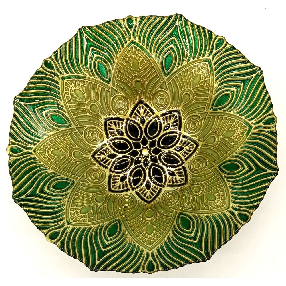 Turkish Art Glass Green Gold Black Peacock Mandela 13" Round Centerpiece Bowl